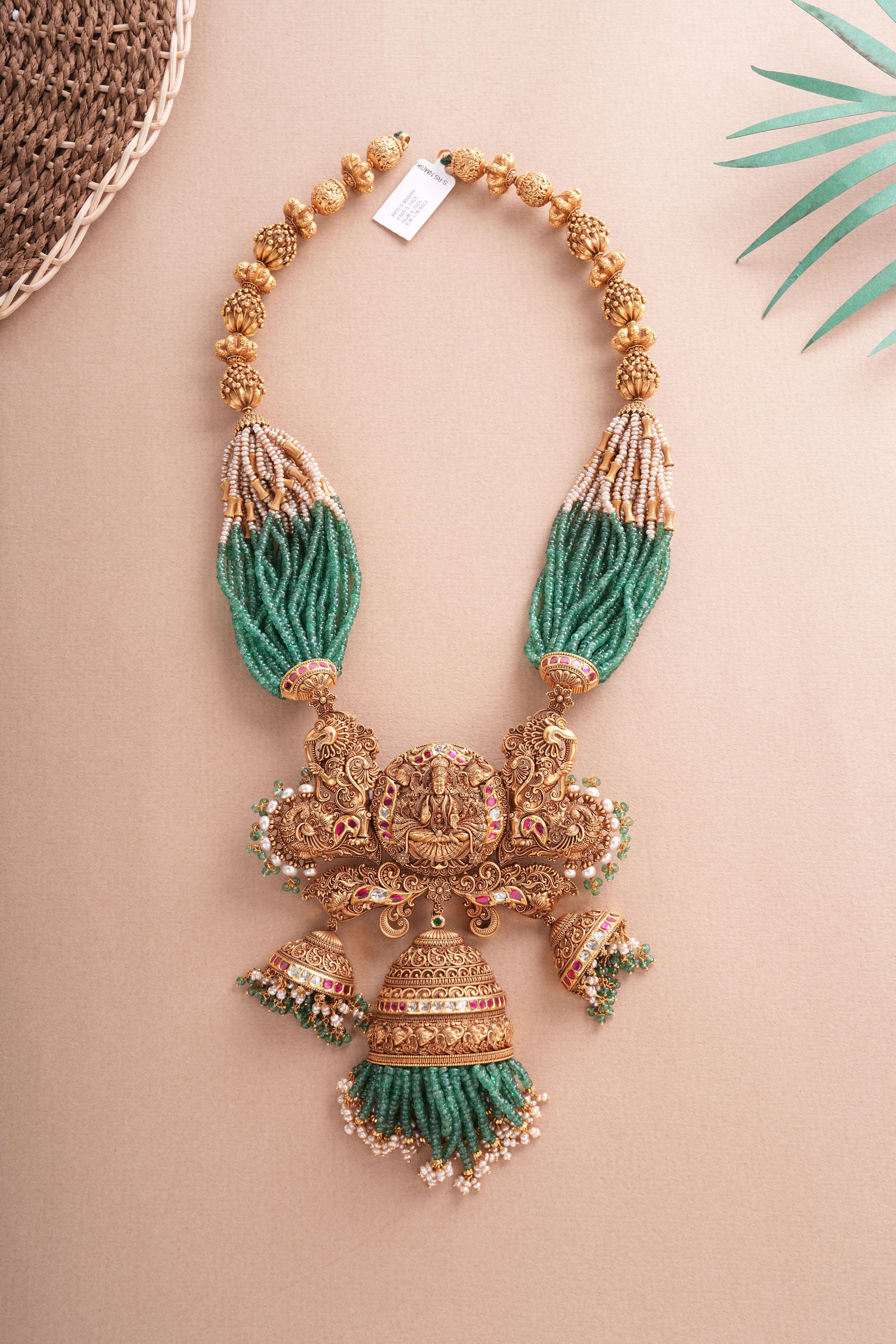 22KT Gold Micro Art Temple Necklace with Emerald Beads