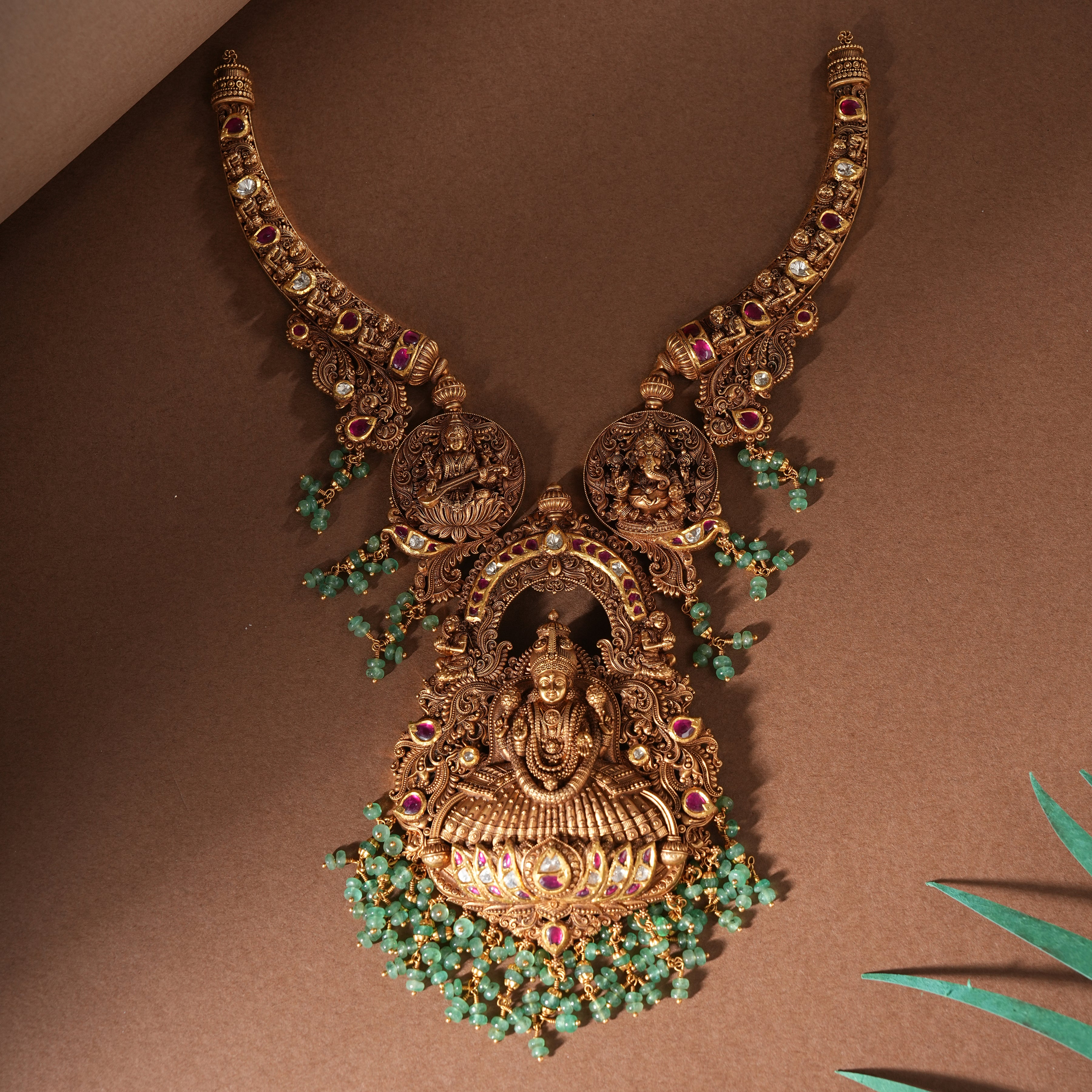 22KT Gold Temple Necklace Lakshmi Ganesha Saraswati