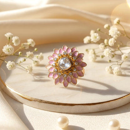 Jadau Uncut Diamond Floral Ring in 18KT Gold for Women