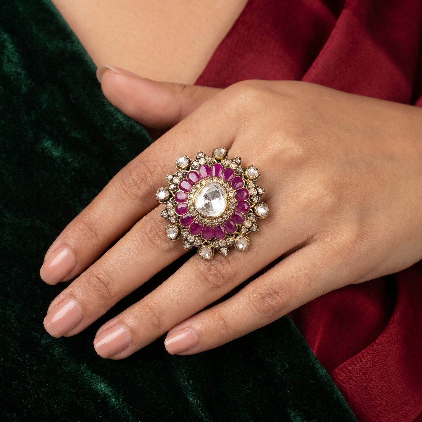 Jadau Polki Ruby Uncut Diamond Cocktail Ring in 18KT Gold