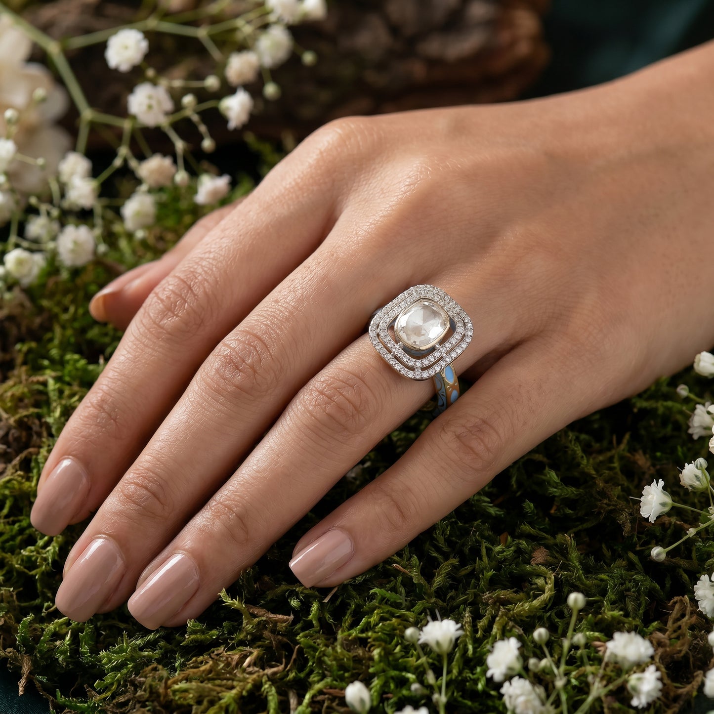 18KT Gold Blue Jadau Polki Diamond Ring