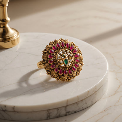 Temple Nakshi Ruby Kemp Ring in 22KT Gold for Women