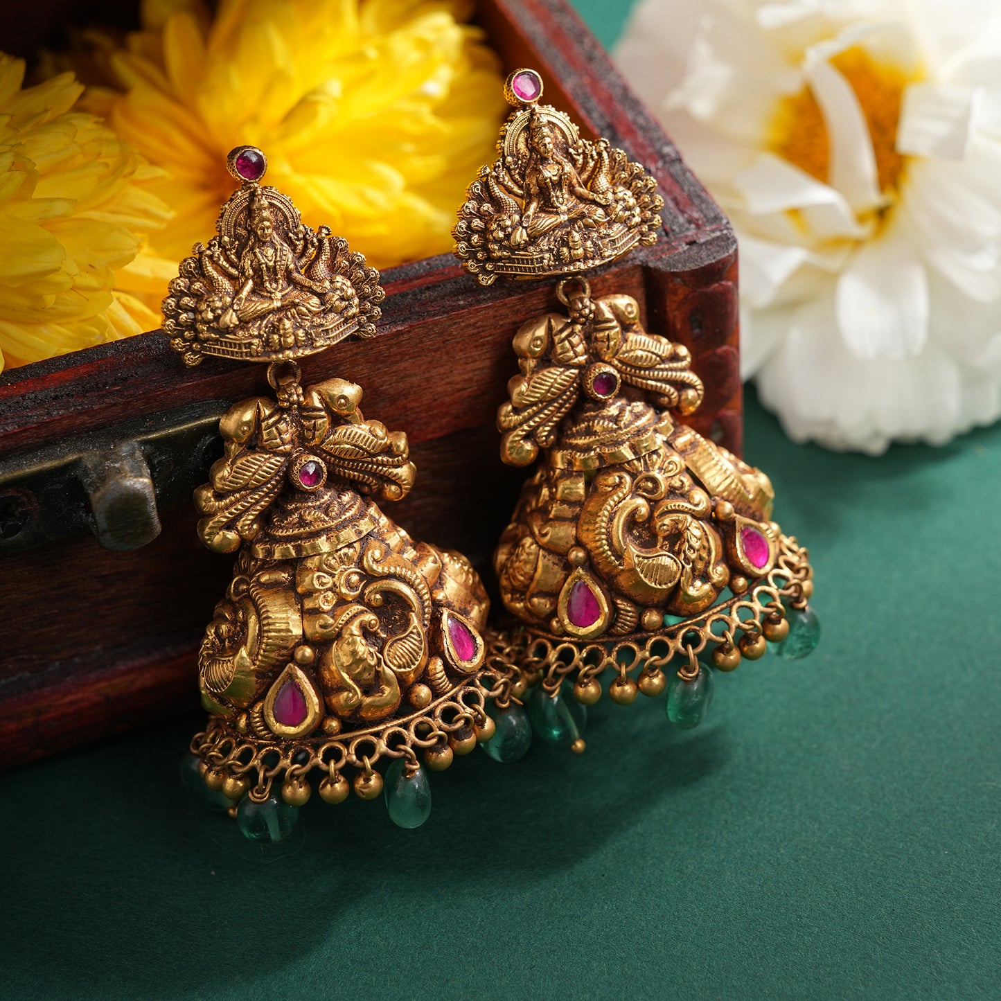 Temple Nakshi 22KT Lakshmi Jhumka Earrings for Women