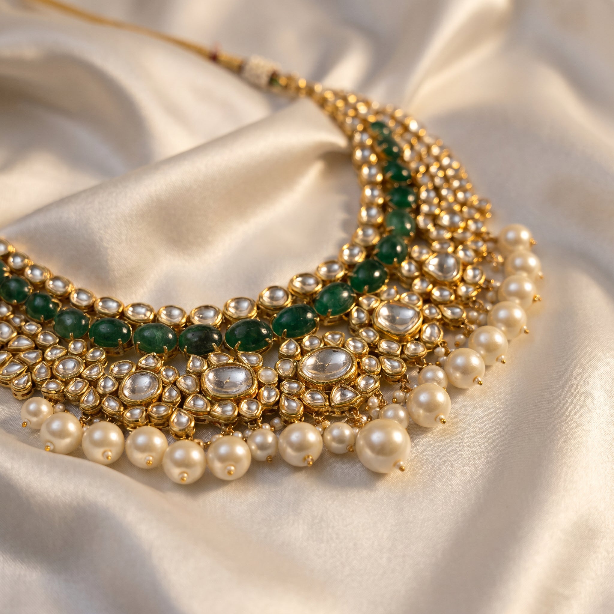 Jadau Polki Emerald & Pearl Bridal Necklace in 24KT Gold for Women