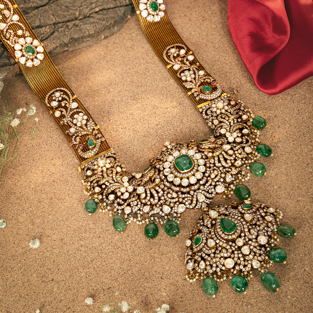 18KT Gold Uncut Diamond Victorian Haram with Emerald Drops