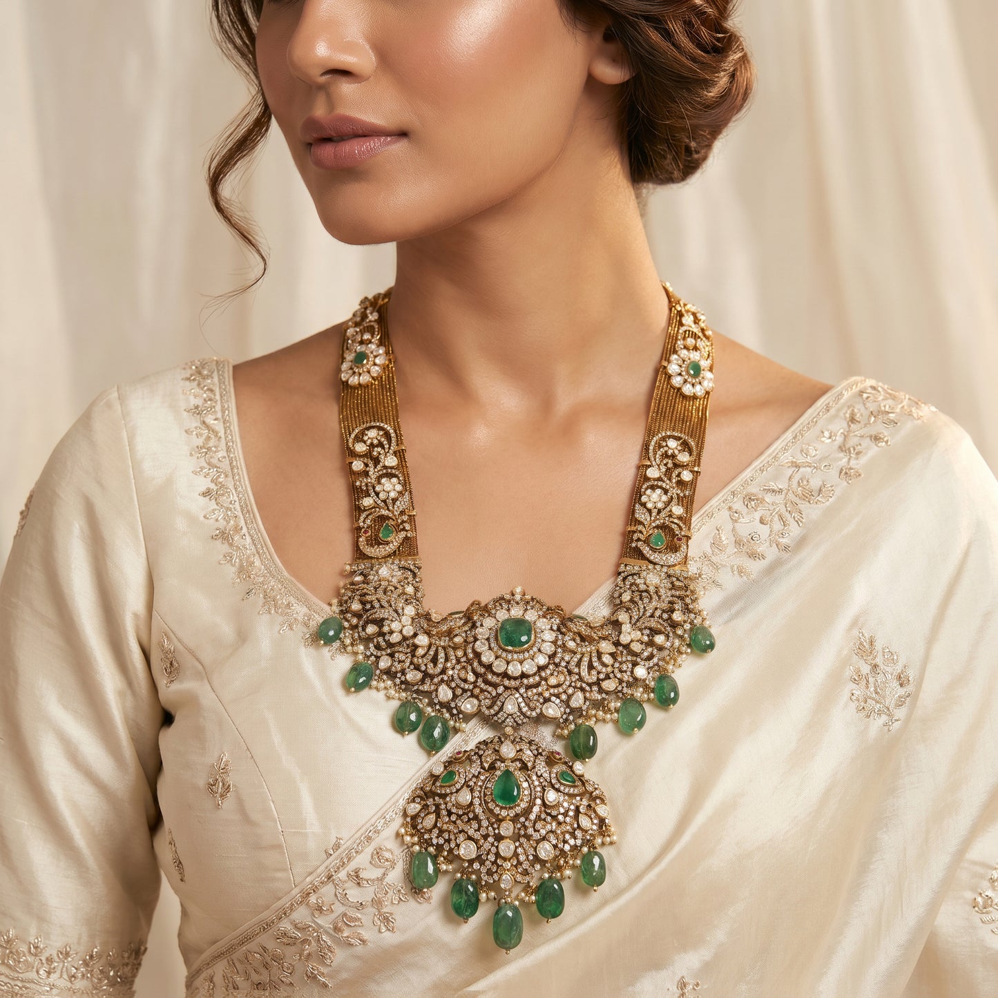 18KT Gold Uncut Diamond Victorian Haram with Emerald Drops