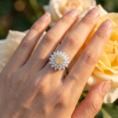 18KT Dual Tone Yellow Diamond Sunflower Ring for Women