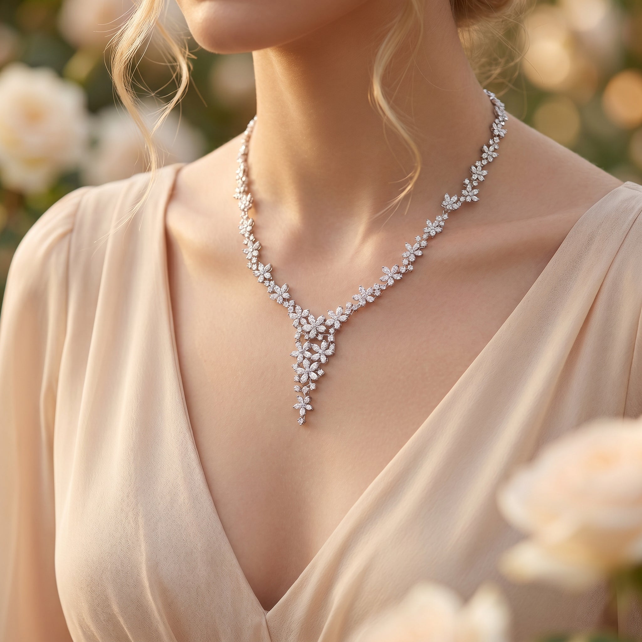 18KT Gold  V-Drop Floral Diamond Necklace