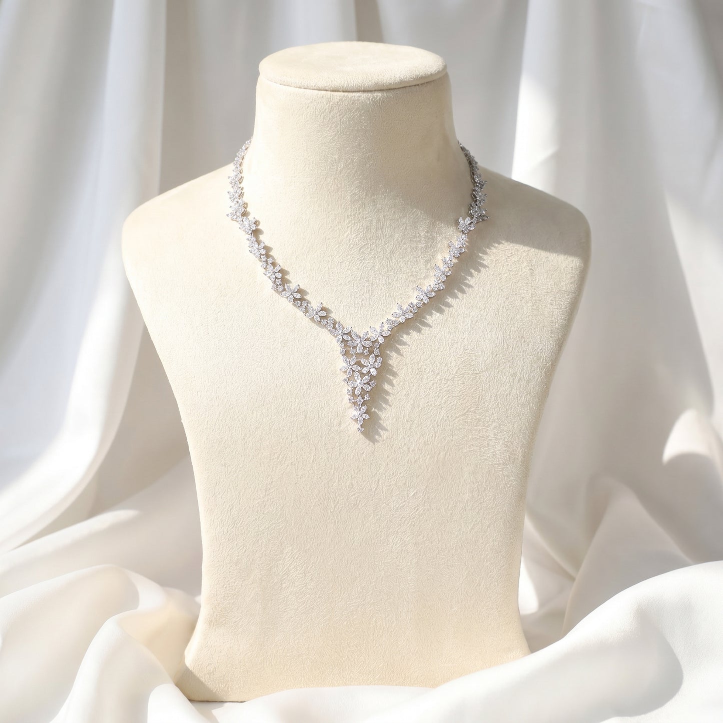 18KT Gold  V-Drop Floral Diamond Necklace