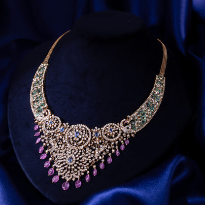 18KT Gold Diamond Necklace with Sapphire & Amethyst Drops