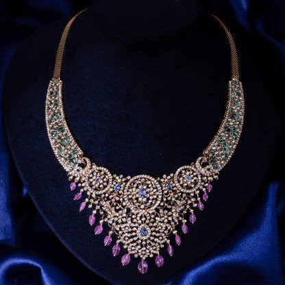18KT Gold Diamond Necklace with Sapphire & Amethyst Drops