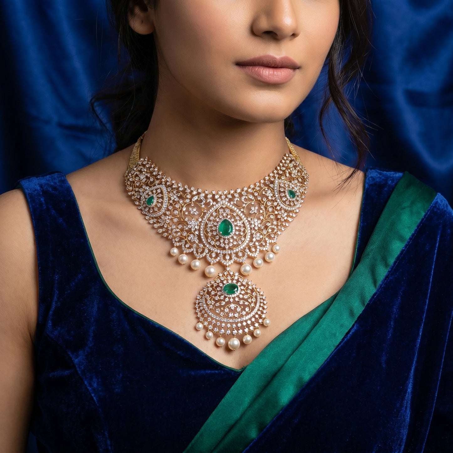 Diamond Choker Bridal Necklace 18KT Gold with Emerald & Pearl