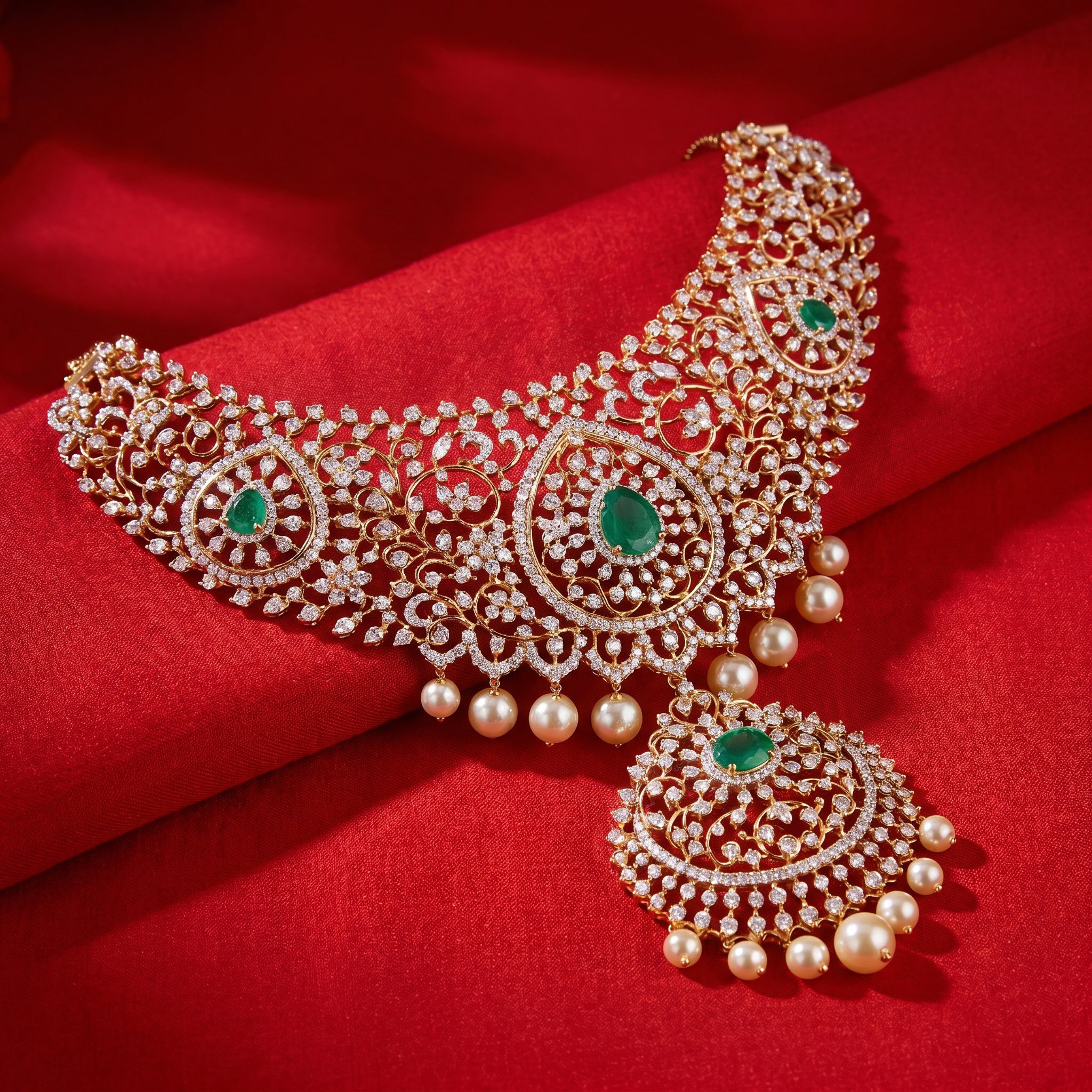 Diamond Choker Bridal Necklace 18KT Gold with Emerald & Pearl