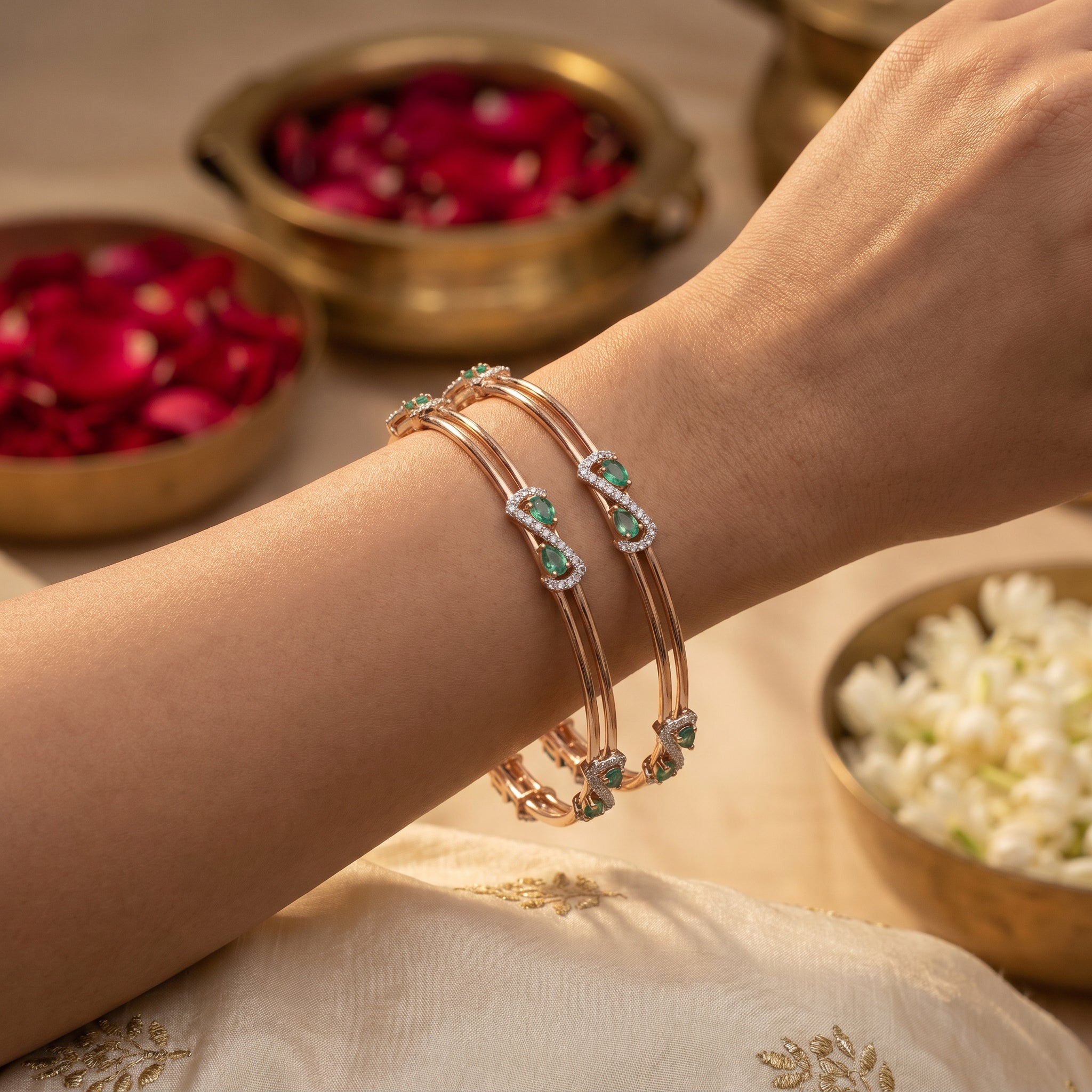 18Kt Diamond Bangles with Emerald Green Stones for Women