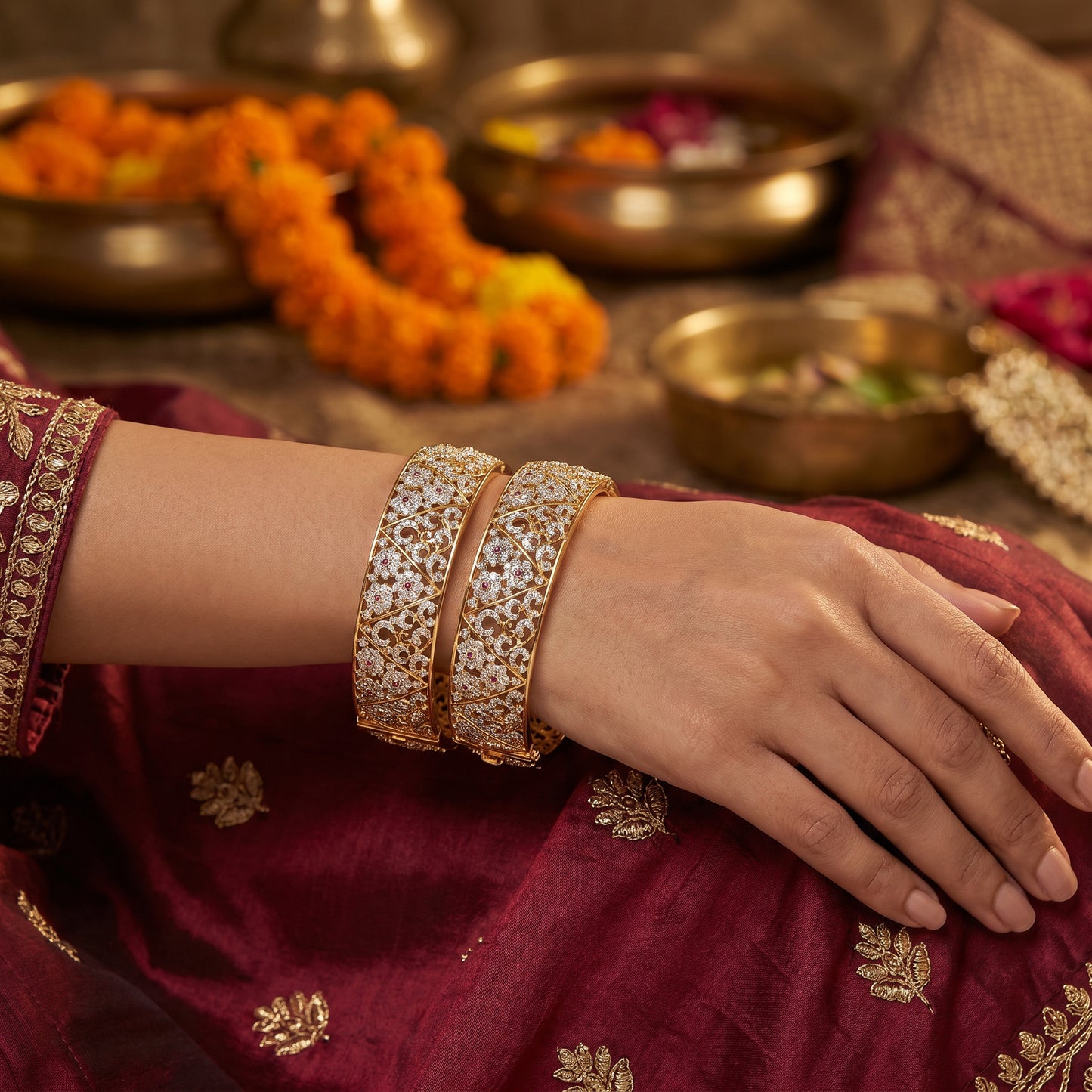 18KT Gold Bridal Diamond Bangle Pair with Ruby & Floral Work