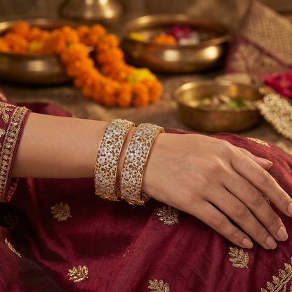 18KT Gold Bridal Diamond Bangle Pair with Ruby & Floral Work