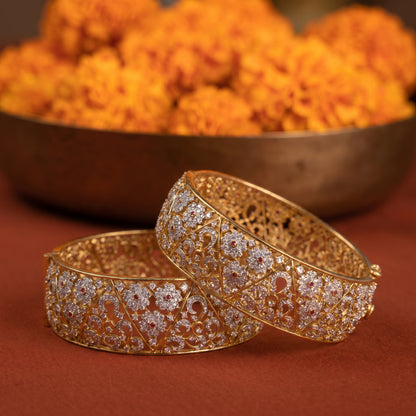 18KT Gold Bridal Diamond Bangle Pair with Ruby & Floral Work