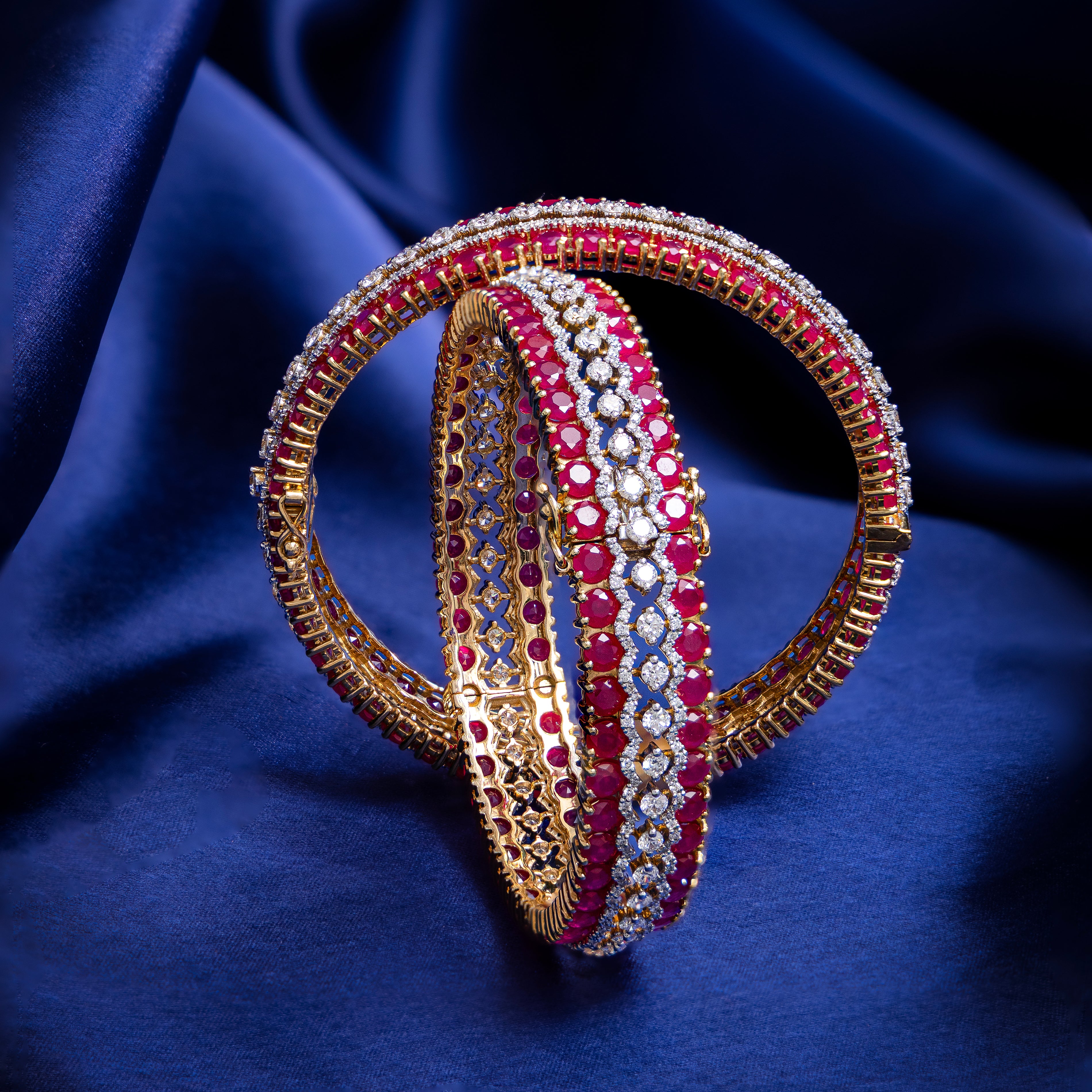 18KT Gold Diamond Ruby Bangle Pair for Women