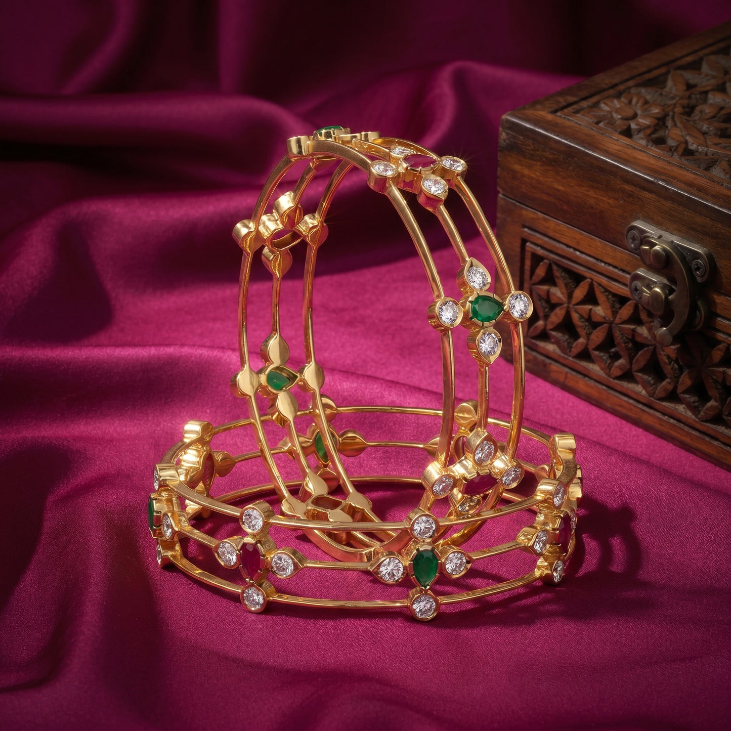 22KT Gold Traditional Diamond Bangles with Ruby & Emerald