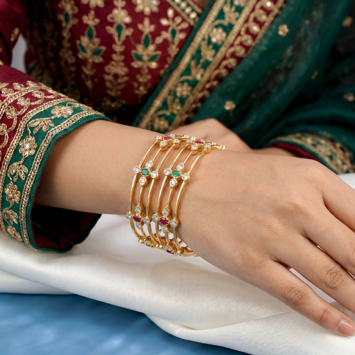 22KT Gold Traditional Diamond Bangles with Ruby & Emerald