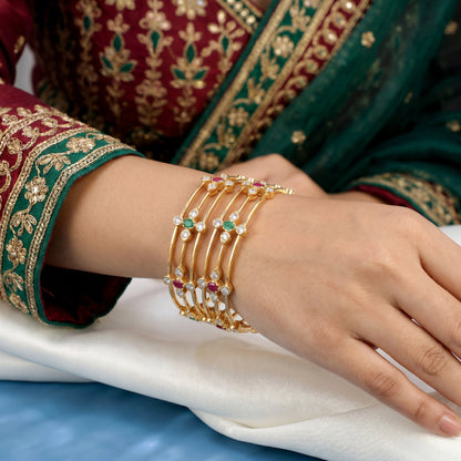 22KT Gold Traditional Diamond Bangles with Ruby & Emerald