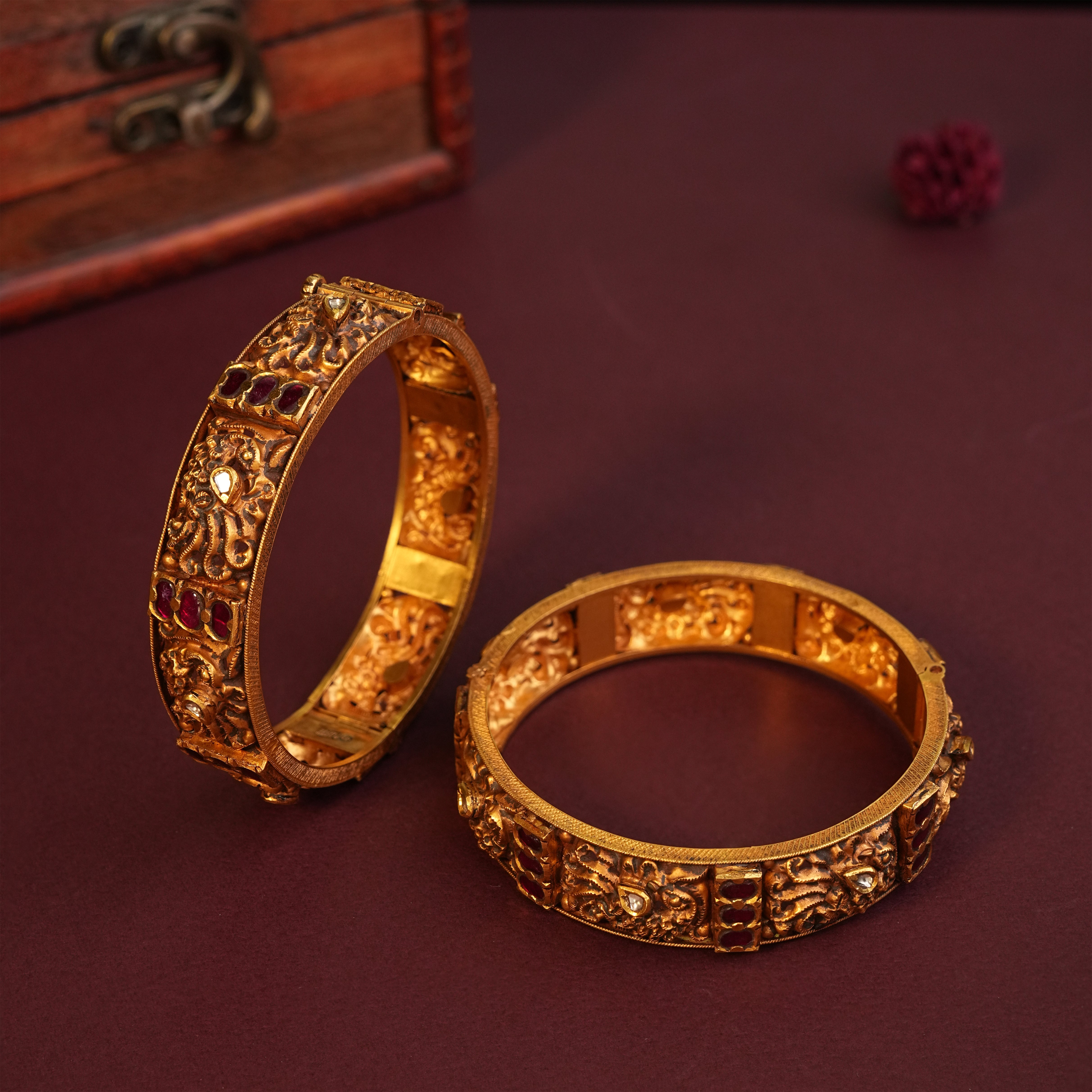 22KT Gold Nakshi Bangles with Kundan and Ruby Stone Work