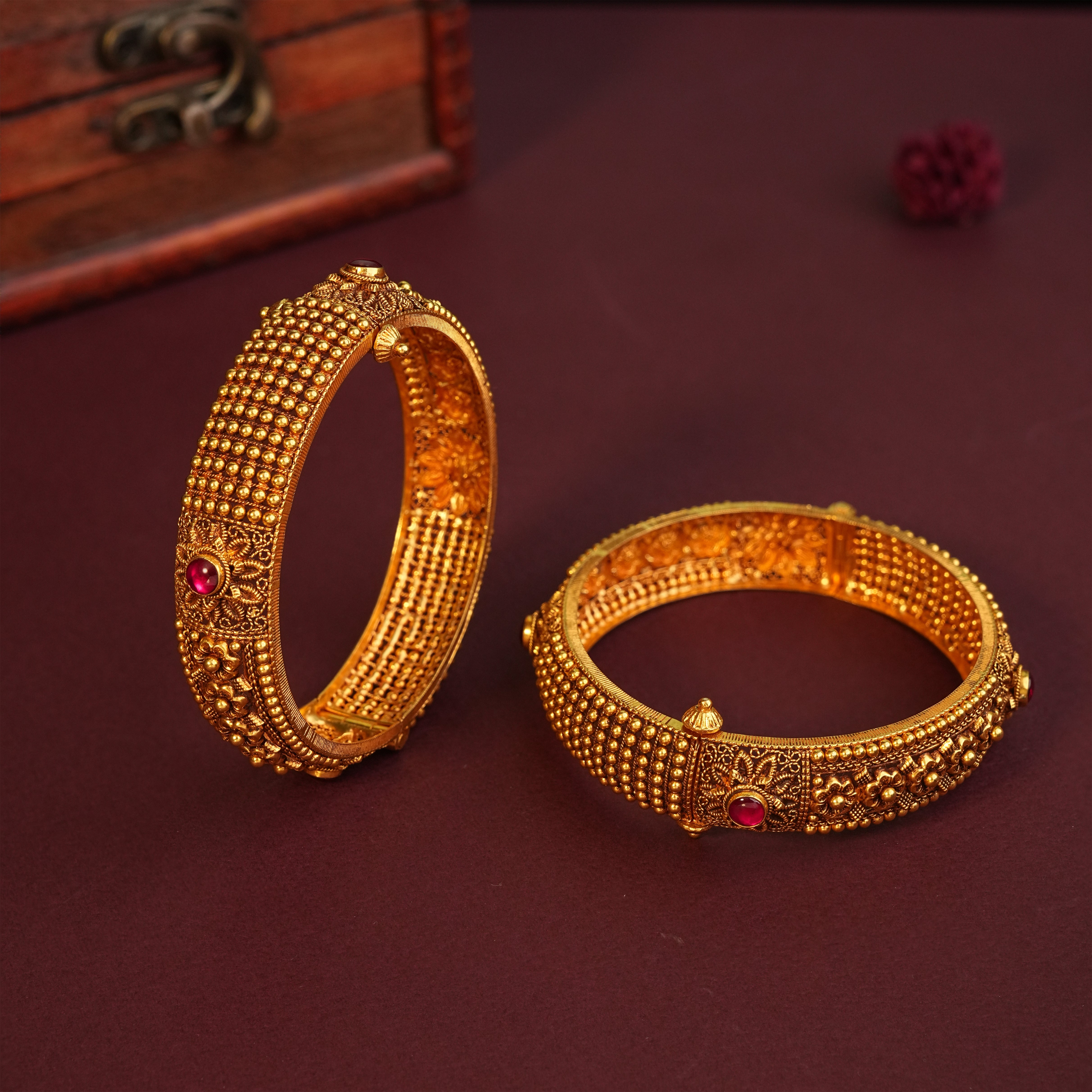 22KT Gold Beaded Nakshi Bangles with Ruby Stone Accent