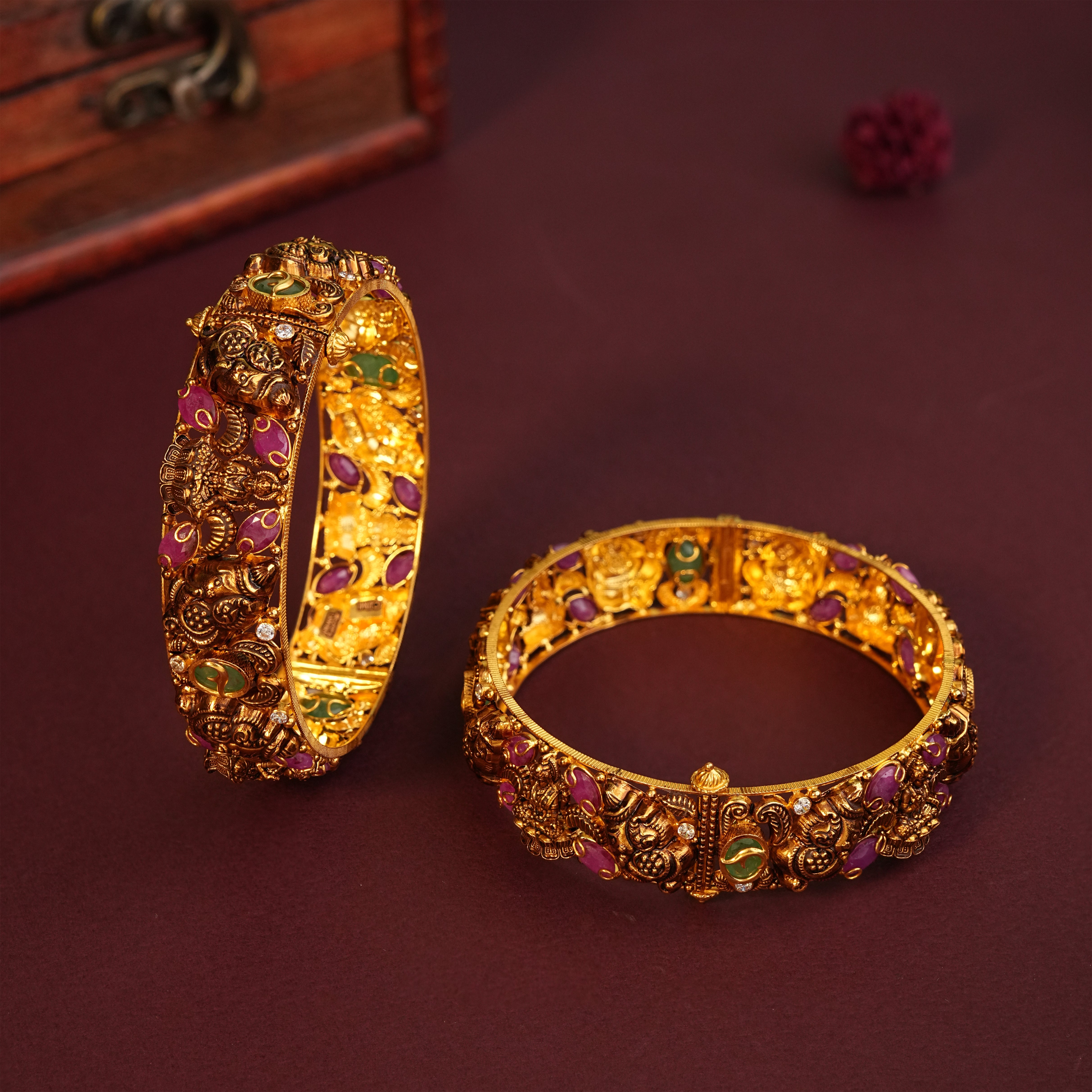 22KT Gold Antique Nakshi Bangles with Ruby and Emerald Stone