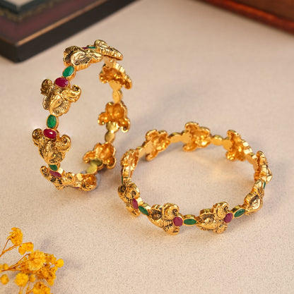 22KT Gold Antique Temple Bangles with Ruby & Emerald Stones