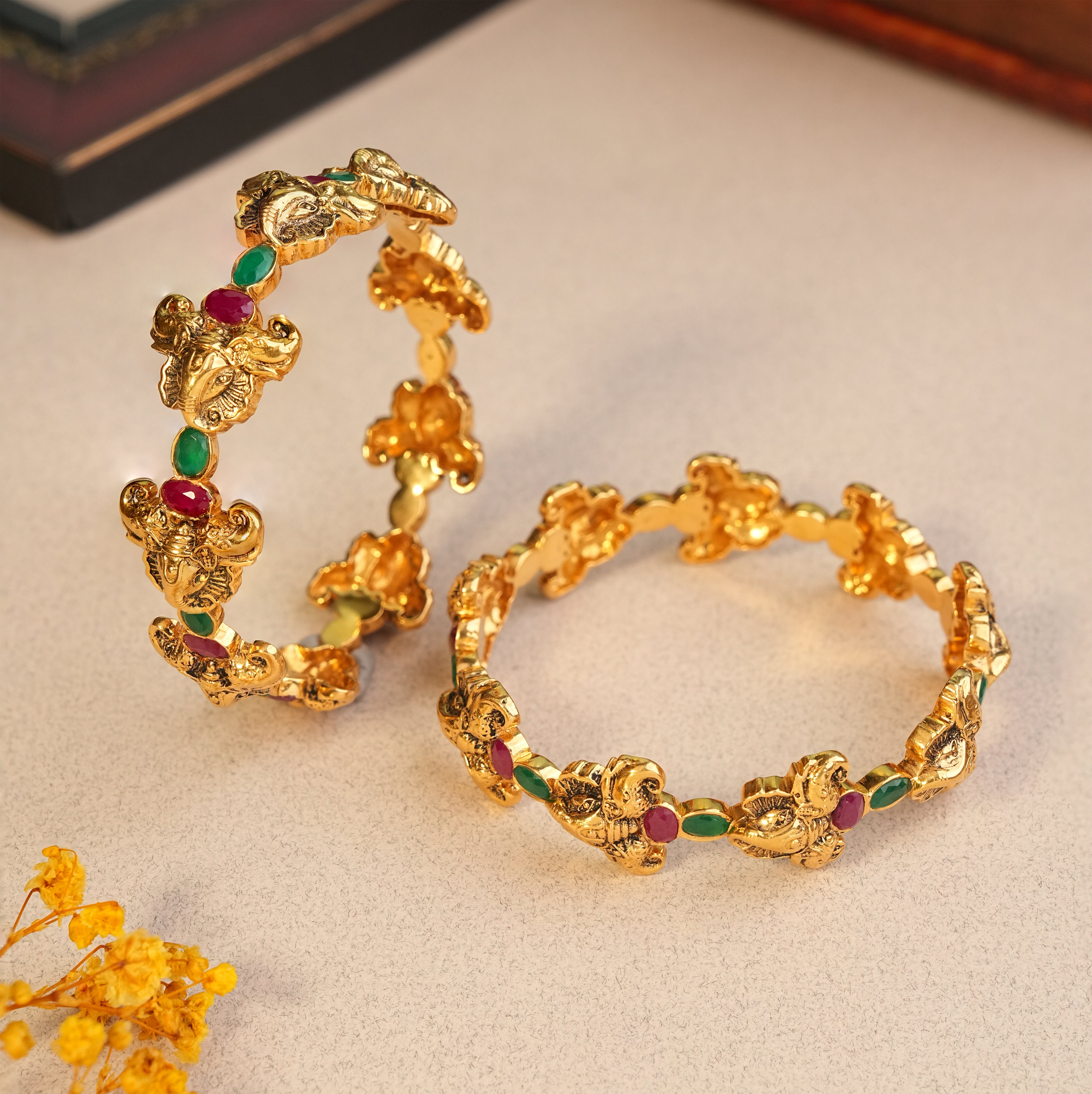 22KT Gold Antique Temple Bangles with Ruby & Emerald Stones