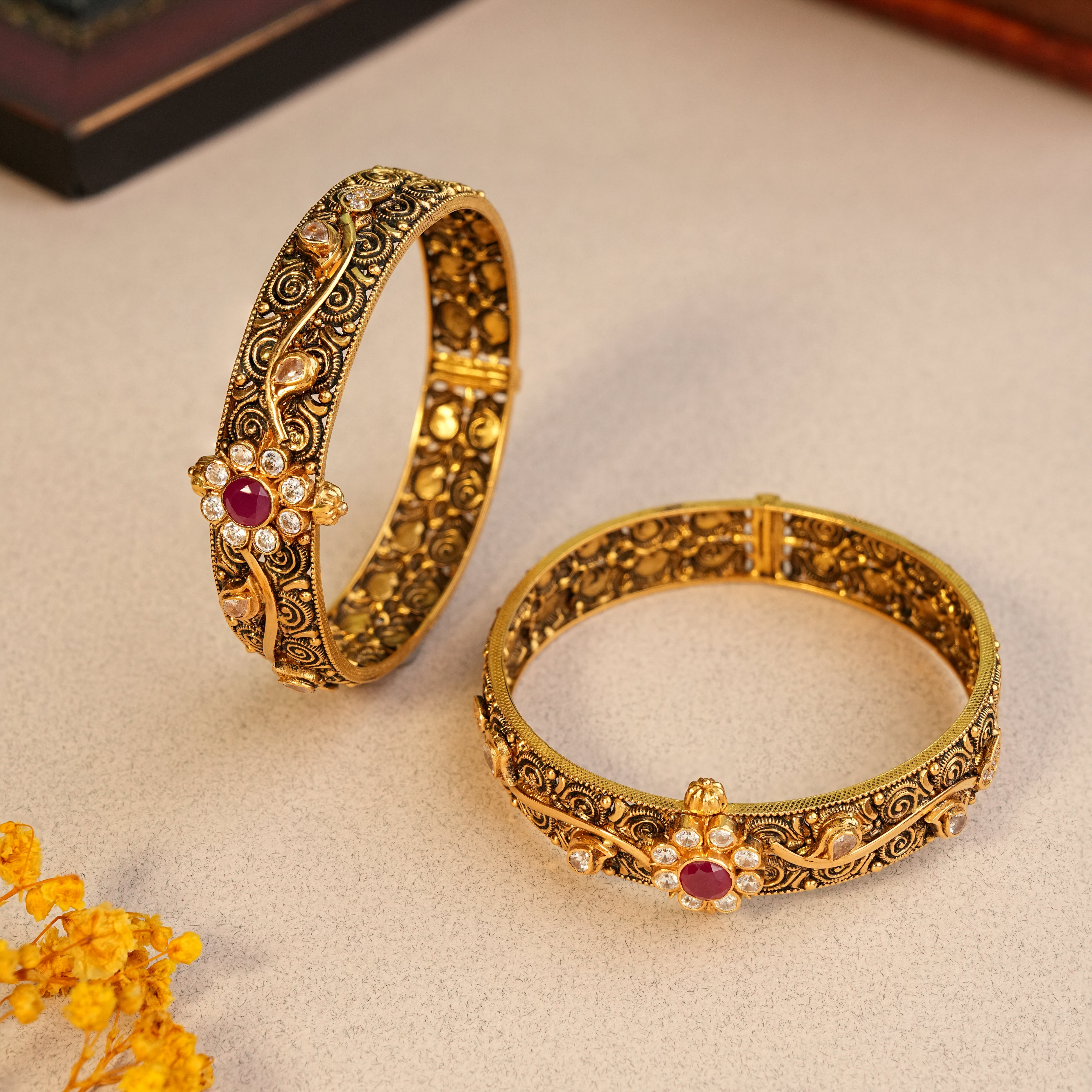 22KT Gold Antique Nakshi Wedding Wear CZ Bangles for Women
