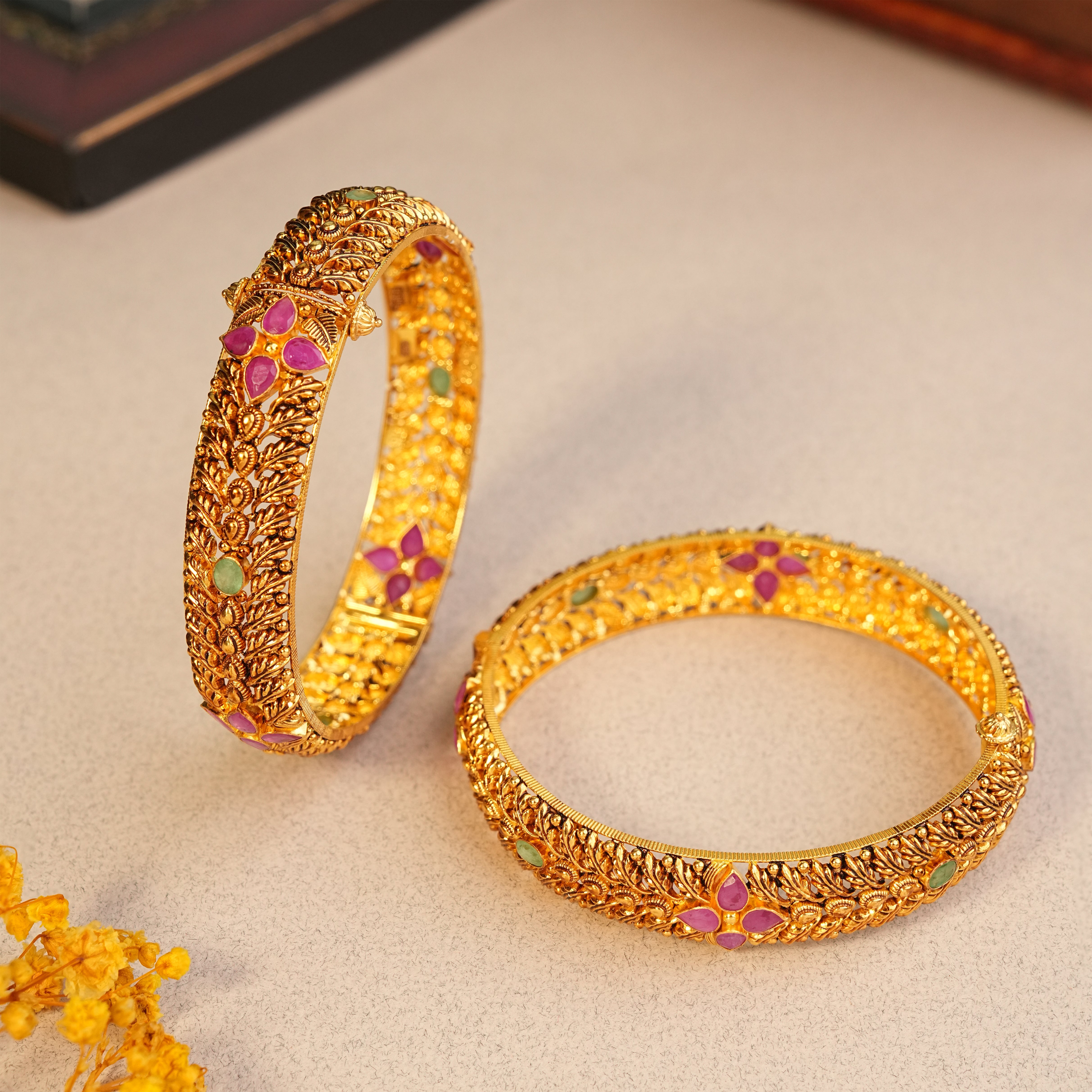 22KT Gold Temple Nakshi Floral Wedding Wear Bangles