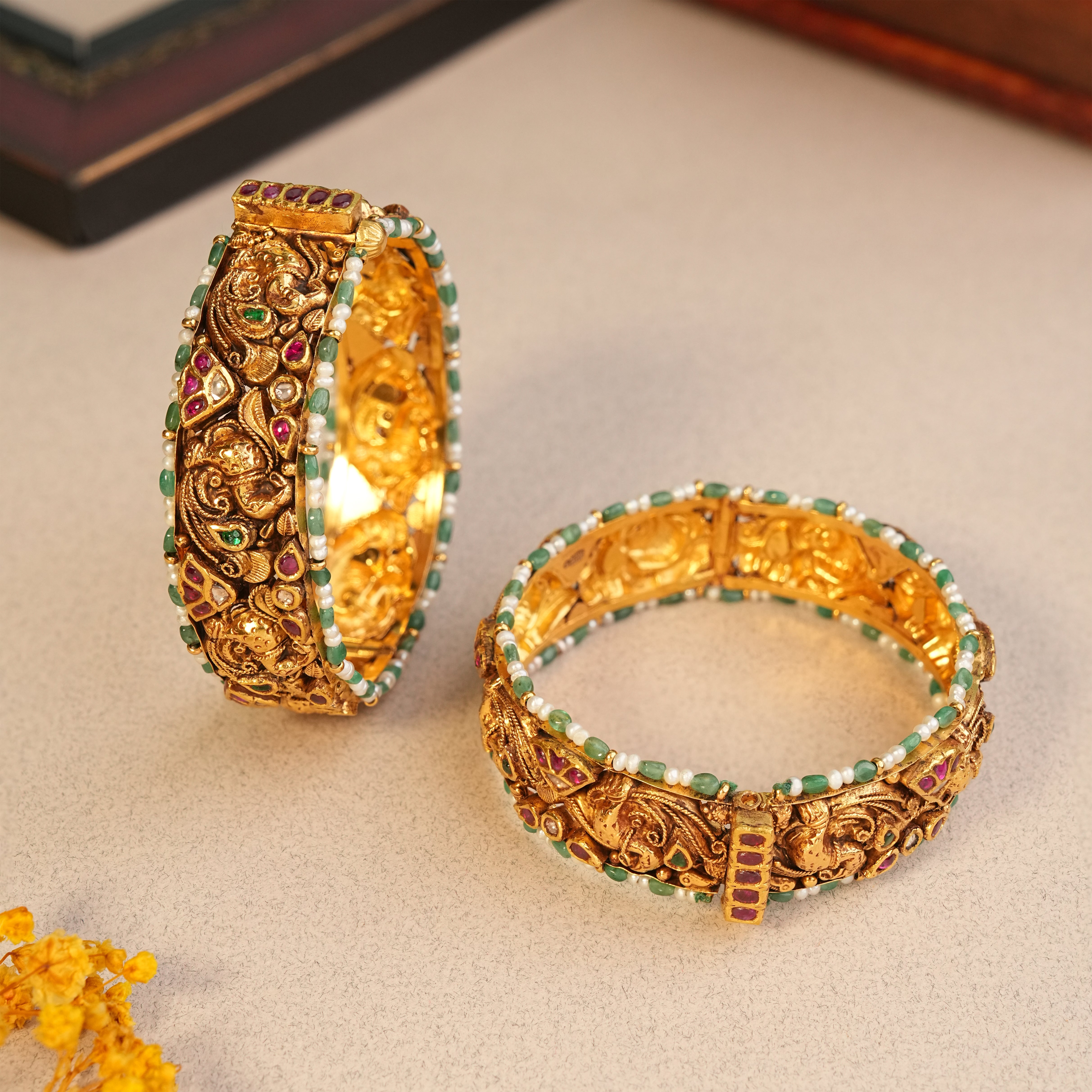 22KT Gold Nakshi Temple Bangles with Kemp Stone Work