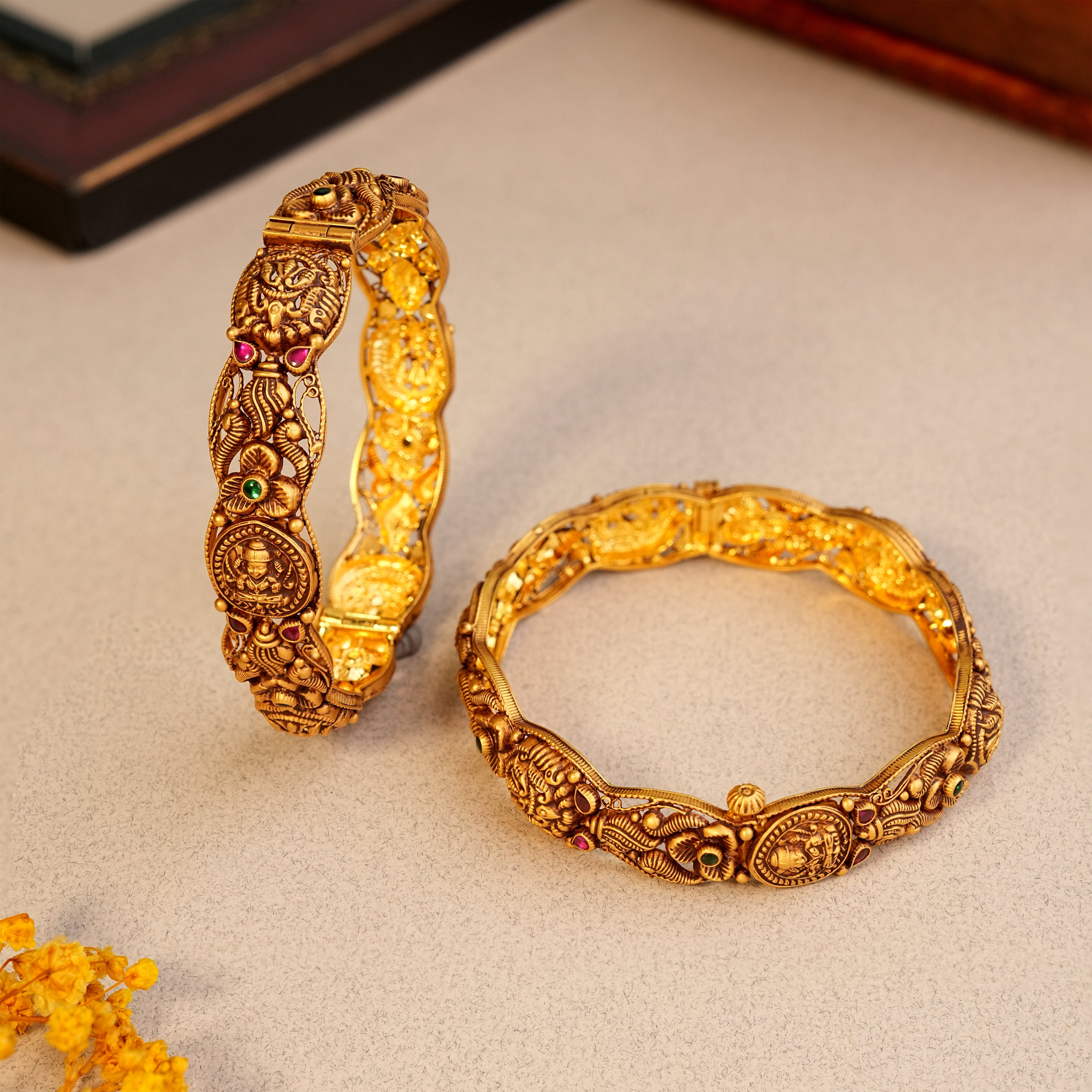 22KT Gold Temple Nakshi Pair Bangles with Lakshmi Motif