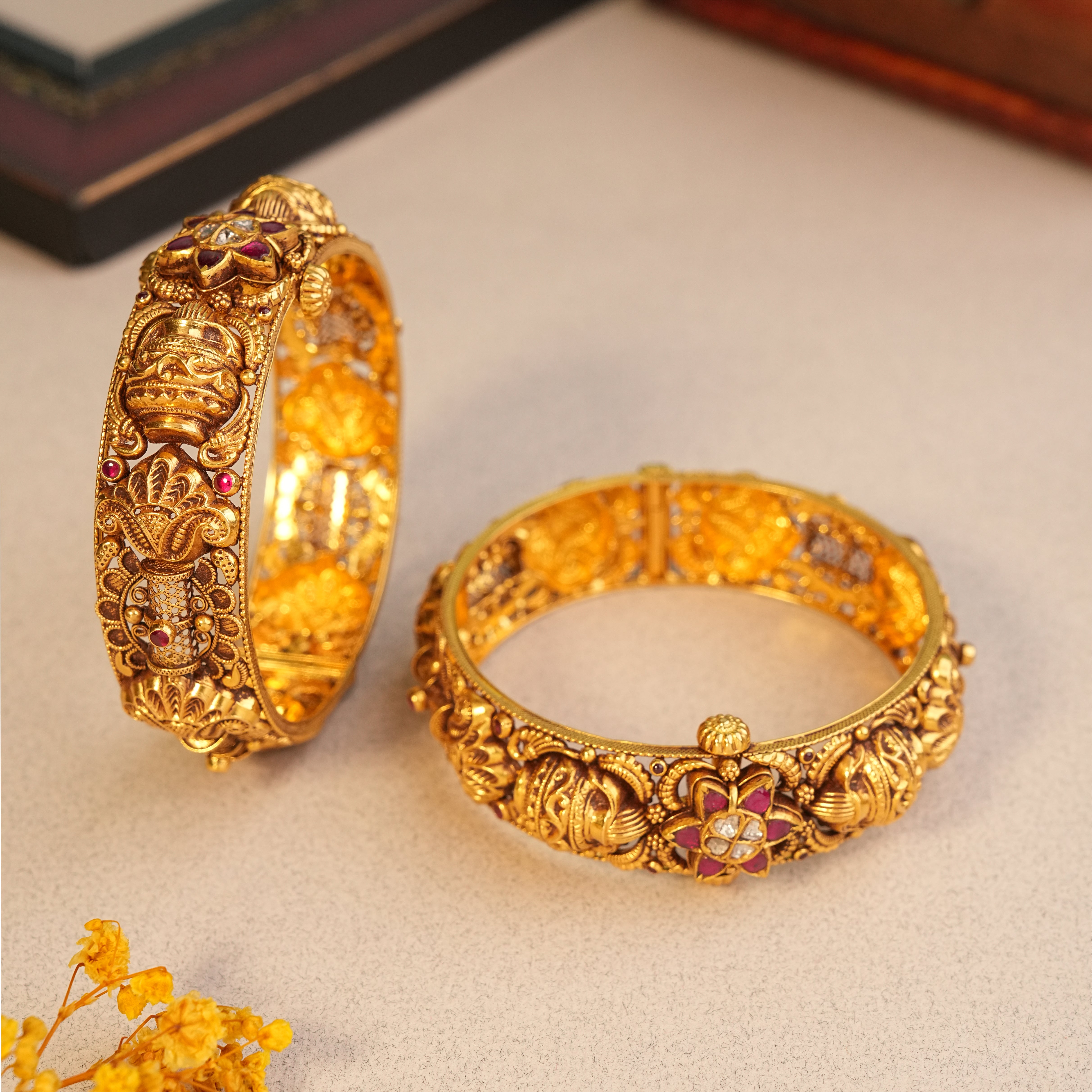 22KT Gold Nakshi Bridal Wear Bangles for Women with Peacock Design
