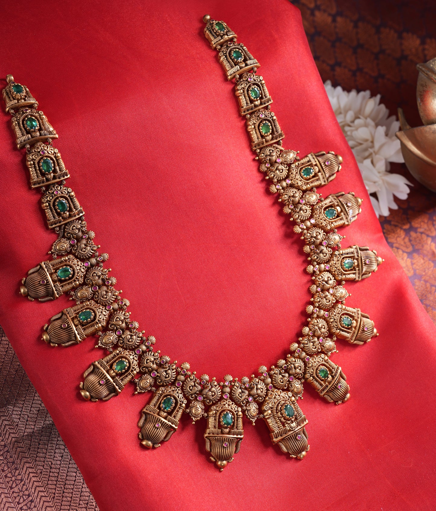 22KT Gold Deep Nakshi Temple Haram with Emerald & Ruby