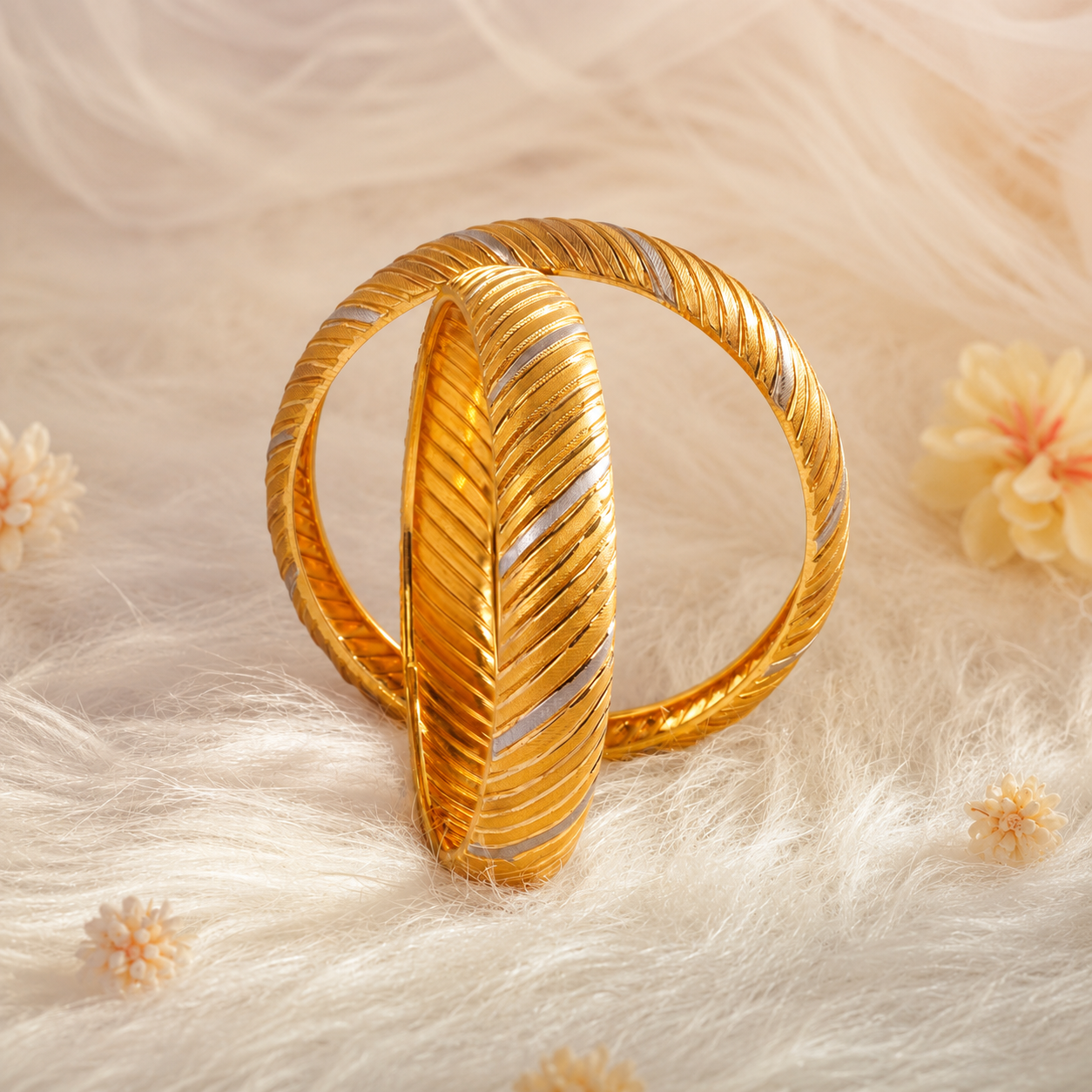 22Kt Two-Tone Rhodium Gold Bangles with Diagonal Stripe Design