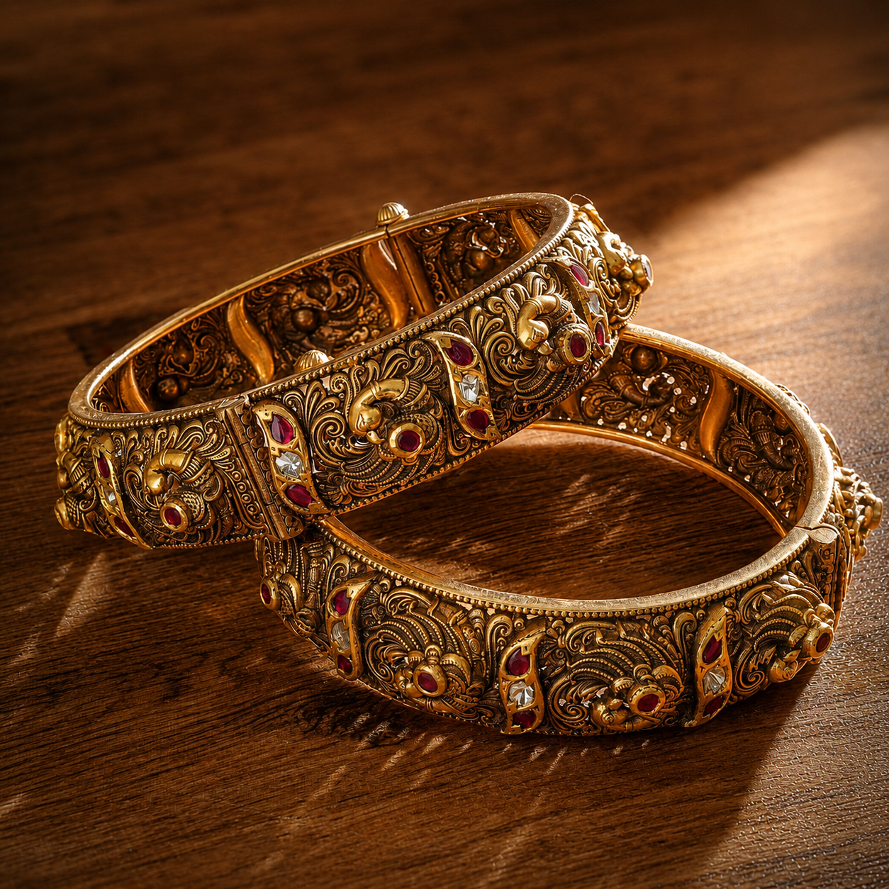 22KT Gold Micro Art Temple Bangle Pair with Ruby & Diamonds