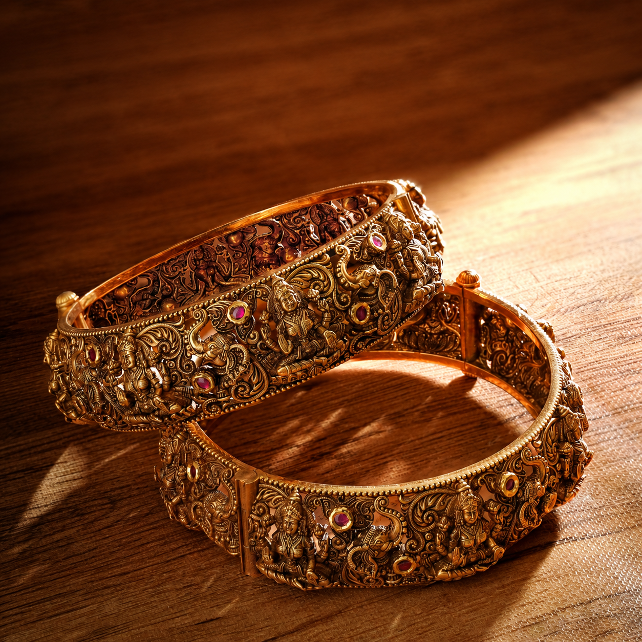 22KT Gold Micro Art Temple Bangle Set with Ruby & Deity Motifs