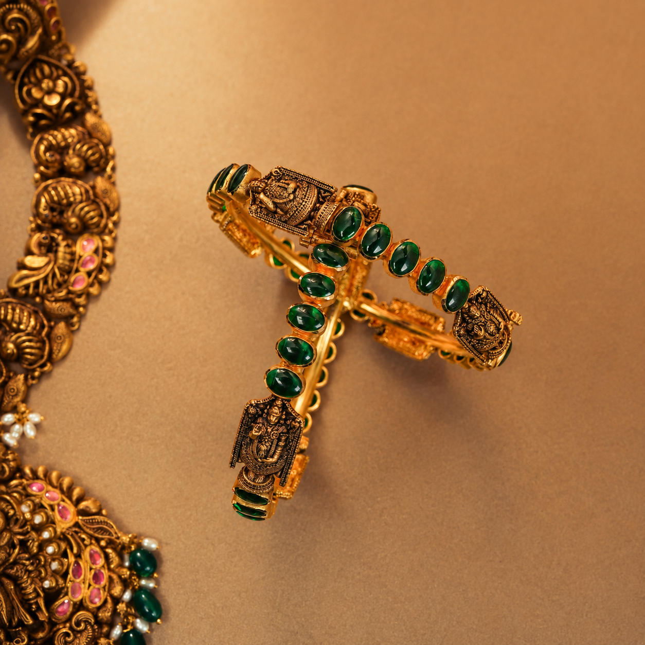 22KT Gold Nakas Temple Bangle with Emerald Green Stones