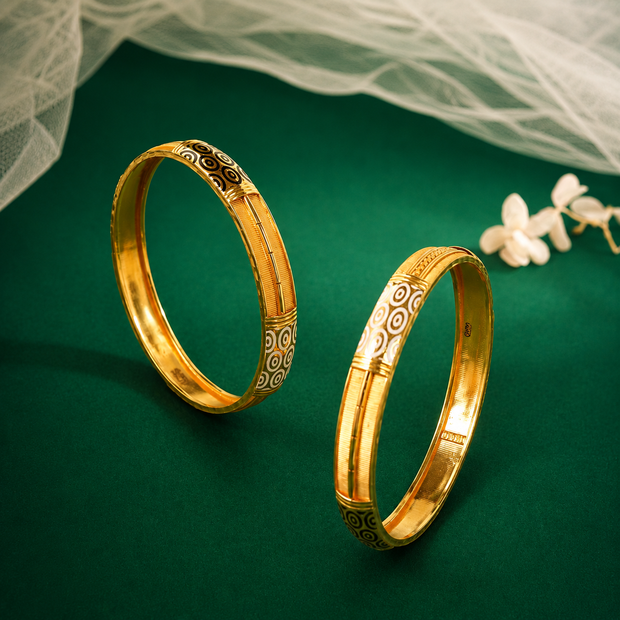 22KT Gold Enamel Bangle Pair with Circle Motif Design
