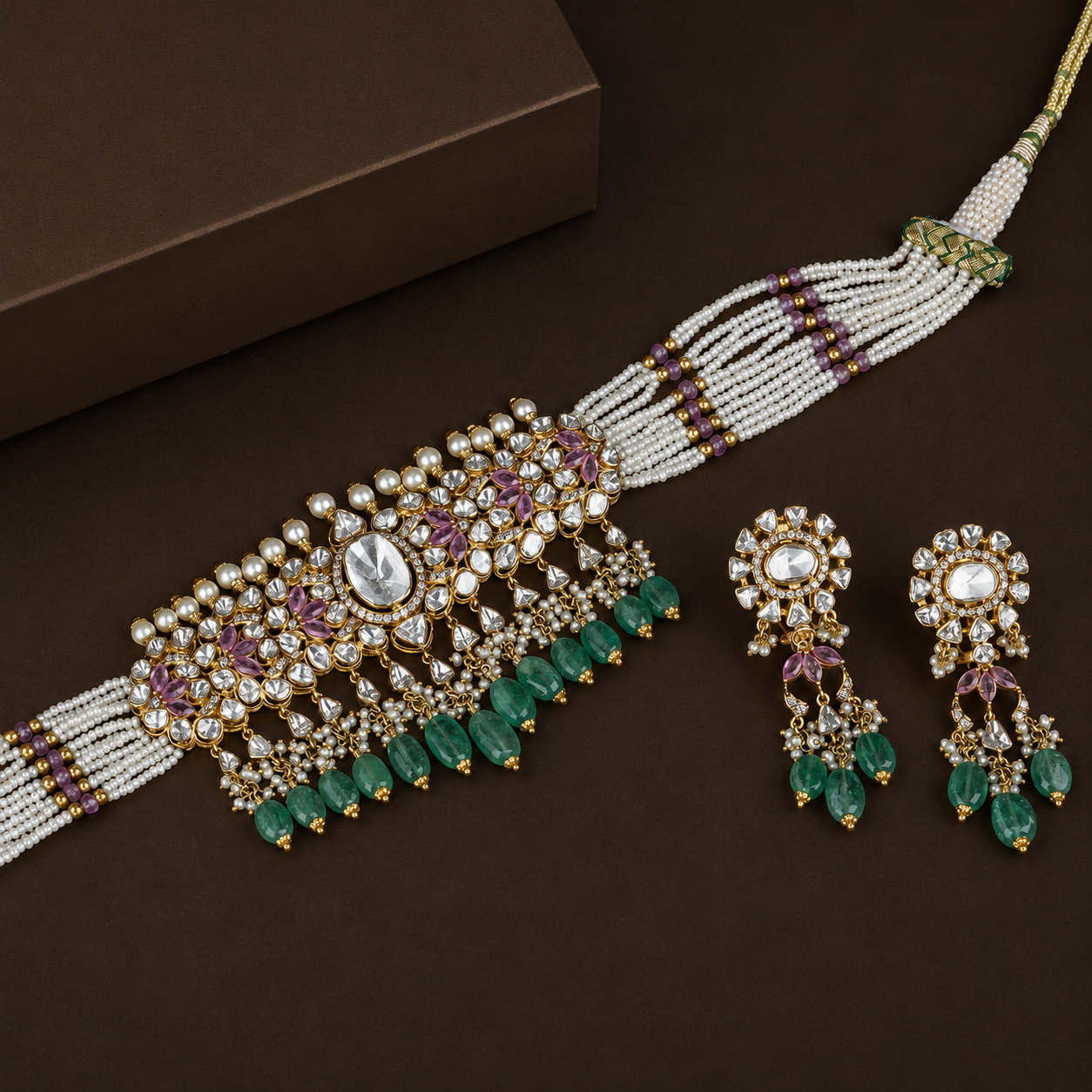 Jadau Uncut Diamond 18KT Pearl Choker Necklace Set for Women