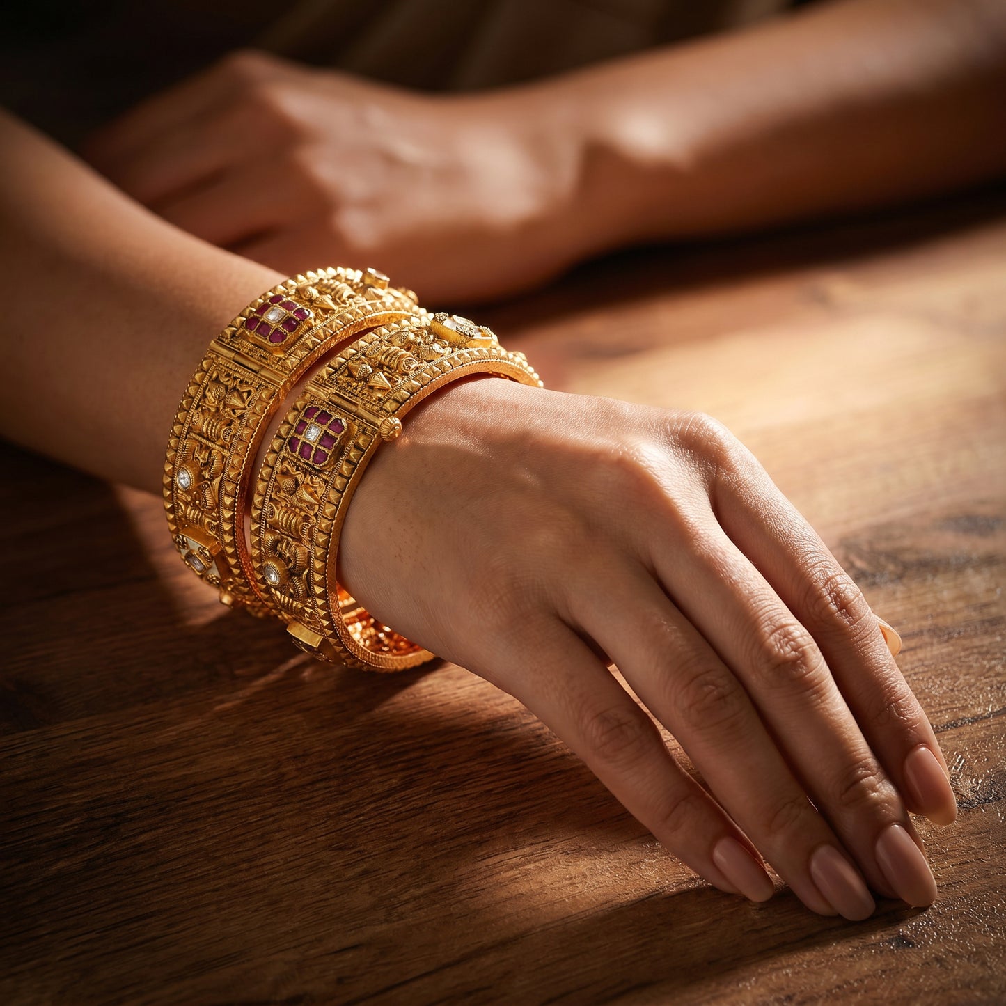 22KT Gold Semi Kundan Antique Bangle Set with Ruby & Polki