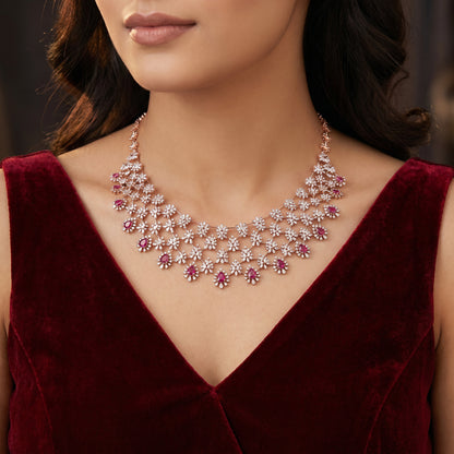 18KT Rose Gold Bridal Diamond & Ruby Floral Cluster Necklace