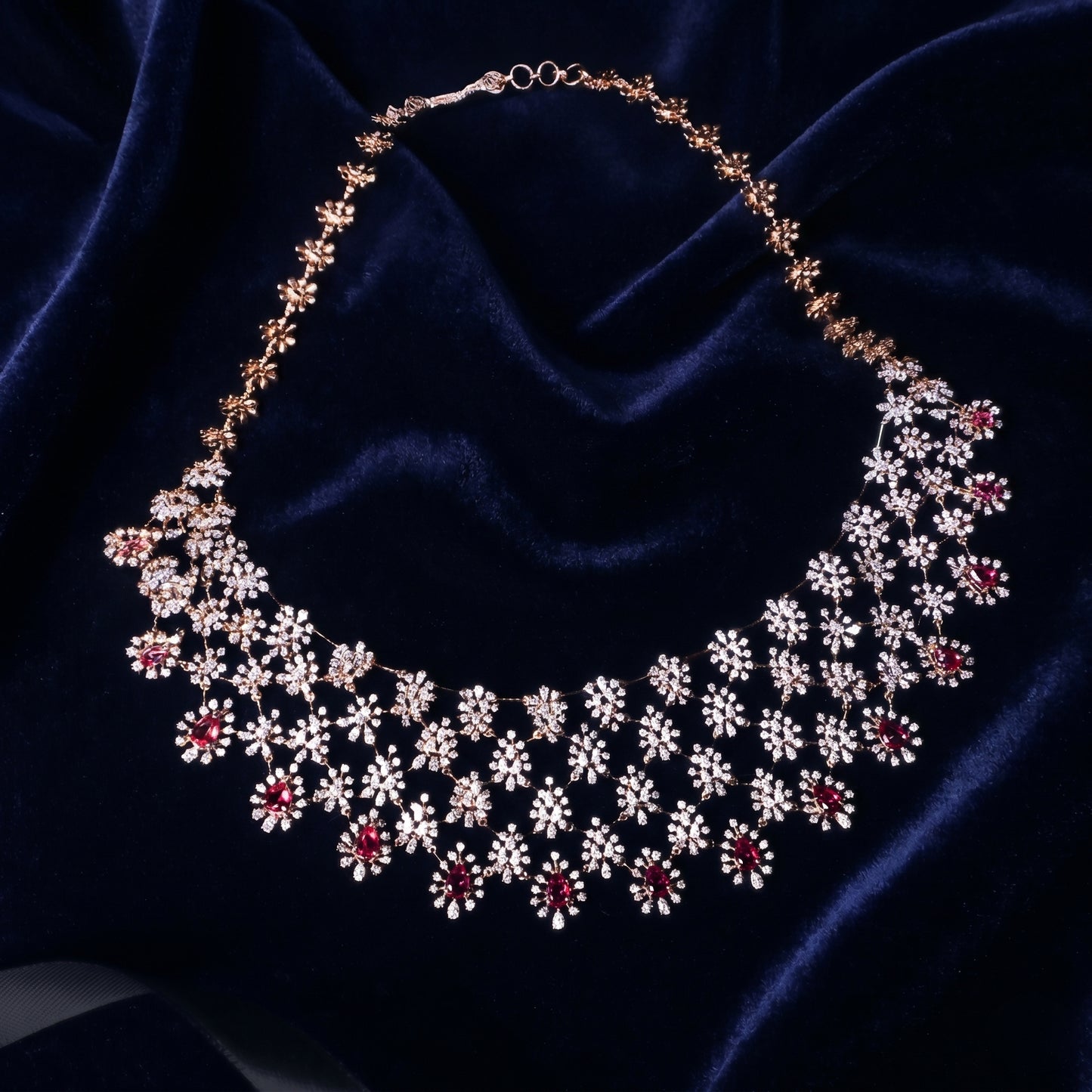 18KT Rose Gold Bridal Diamond & Ruby Floral Cluster Necklace